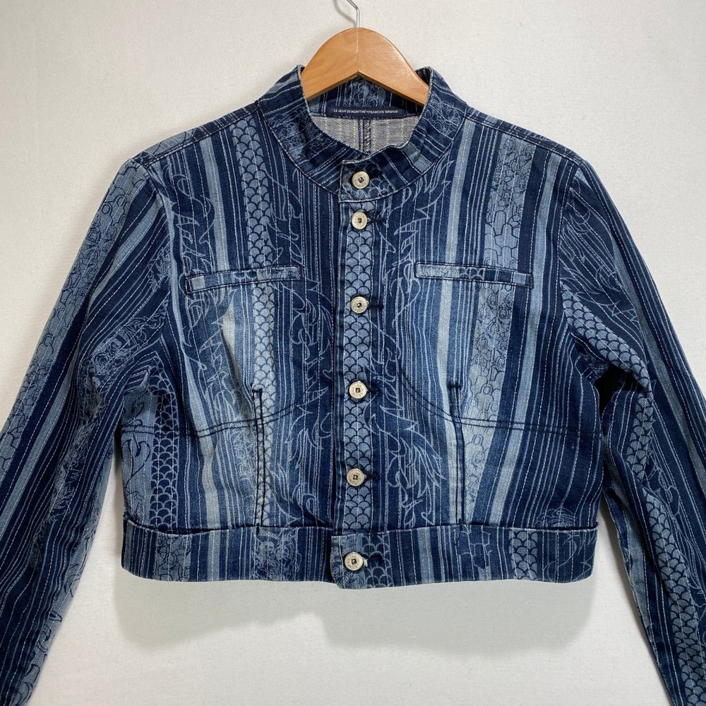 MARITHE FRANCOIS Womens Denim Jacket Blue Striped‎ Dragon Print Cropped Size XL